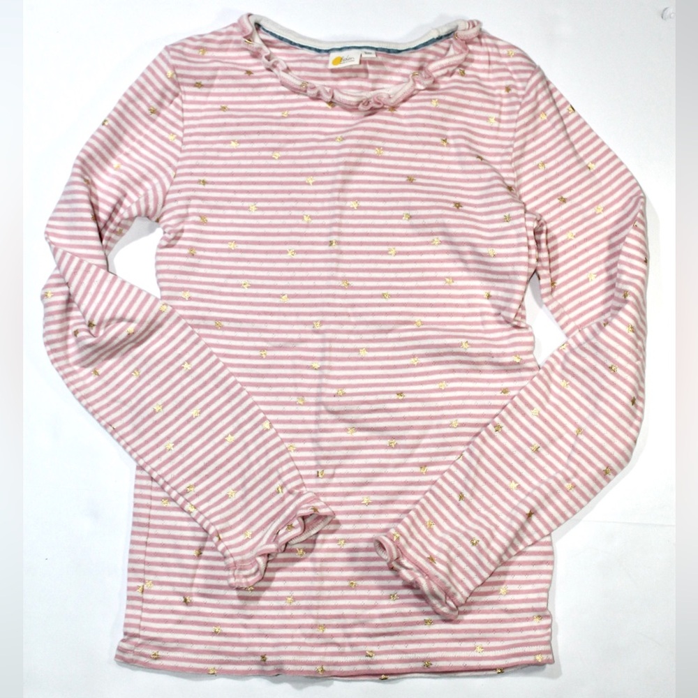 Boden Pink & White Striped Long-Sleeve Pointelle Top with Gold Dot Detail